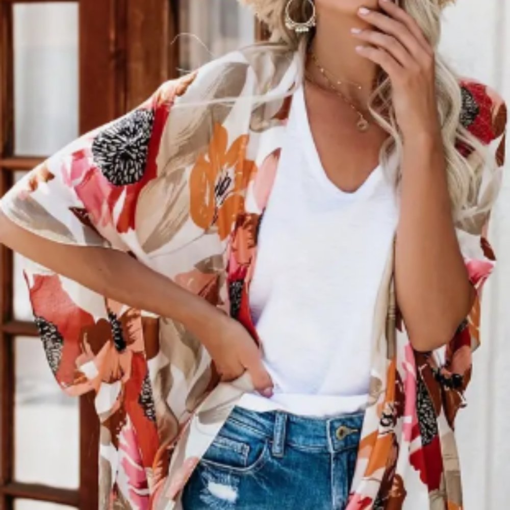 Floral Print Half Sleeve  Loose Fit ...Casual Beachwear Cover Up